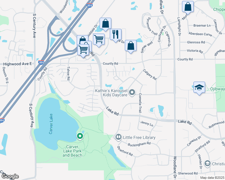 map of restaurants, bars, coffee shops, grocery stores, and more near 2549 Cornelia Trail in Woodbury