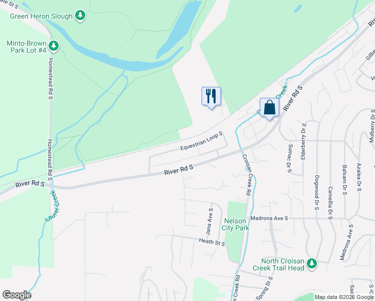 map of restaurants, bars, coffee shops, grocery stores, and more near 2418 Equestrian Loop South in Salem