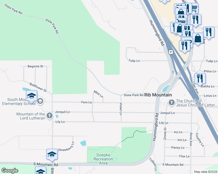 map of restaurants, bars, coffee shops, grocery stores, and more near 2102 Park Rd in Wausau