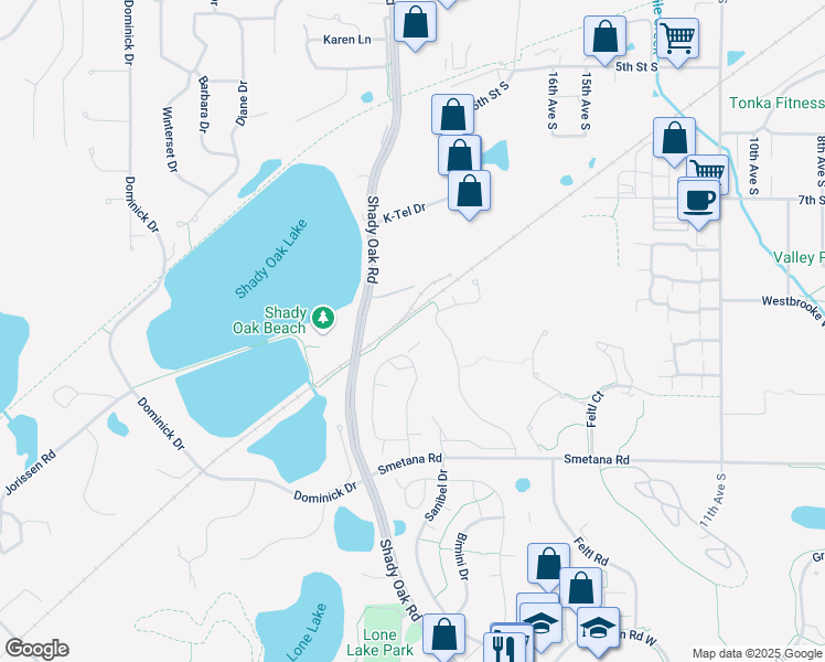 map of restaurants, bars, coffee shops, grocery stores, and more near 5305 Beachside Drive in Hopkins