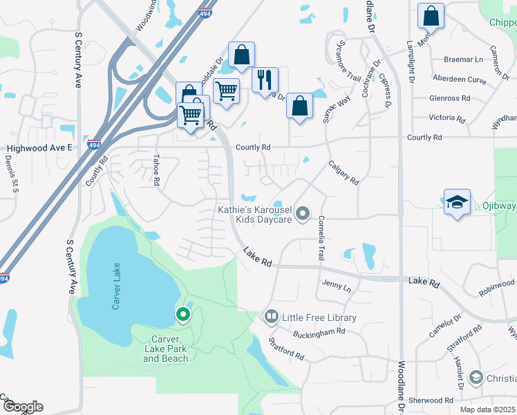 map of restaurants, bars, coffee shops, grocery stores, and more near 2549 Cornelia Trail in Woodbury