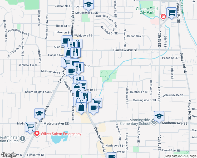 map of restaurants, bars, coffee shops, grocery stores, and more near 735 Ratcliff Drive Southeast in Salem