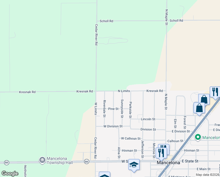 map of restaurants, bars, coffee shops, grocery stores, and more near 1075 North Limits in Mancelona