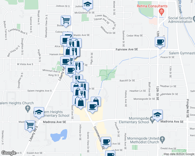 map of restaurants, bars, coffee shops, grocery stores, and more near 3200 Lorian Lane Southeast in Salem