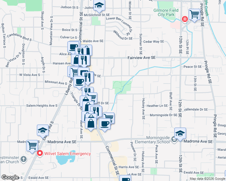 map of restaurants, bars, coffee shops, grocery stores, and more near 735 Ratcliff Drive Southeast in Salem