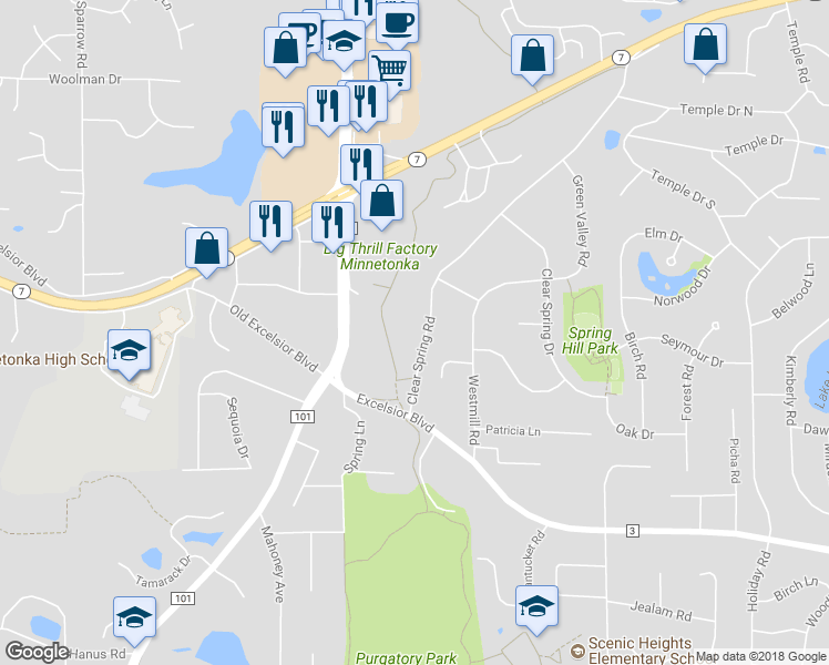 map of restaurants, bars, coffee shops, grocery stores, and more near 5130 Clear Spring Road in Minnetonka