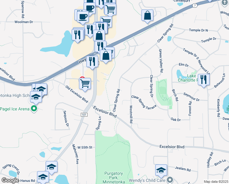 map of restaurants, bars, coffee shops, grocery stores, and more near 5130 Clear Spring Road in Minnetonka