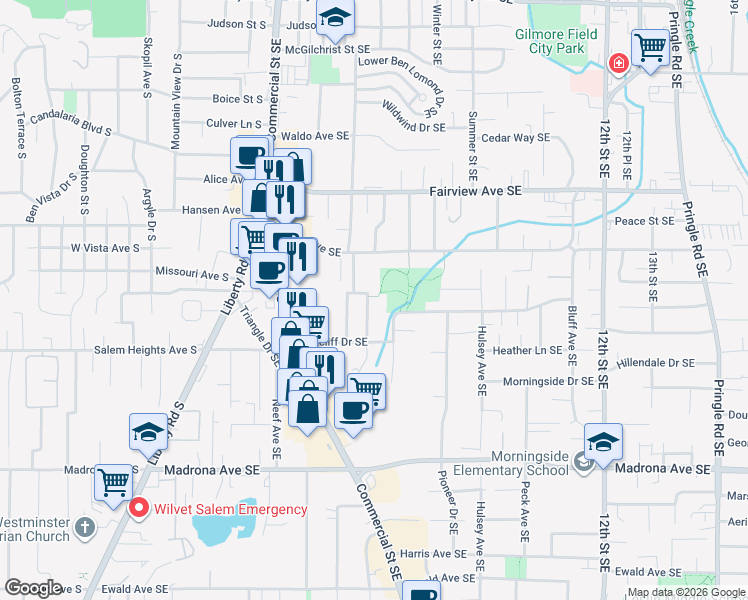 map of restaurants, bars, coffee shops, grocery stores, and more near 735 Ratcliff Drive Southeast in Salem