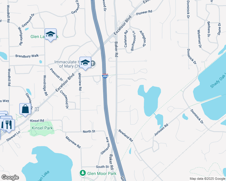 map of restaurants, bars, coffee shops, grocery stores, and more near 5124 Baker Road in Hopkins