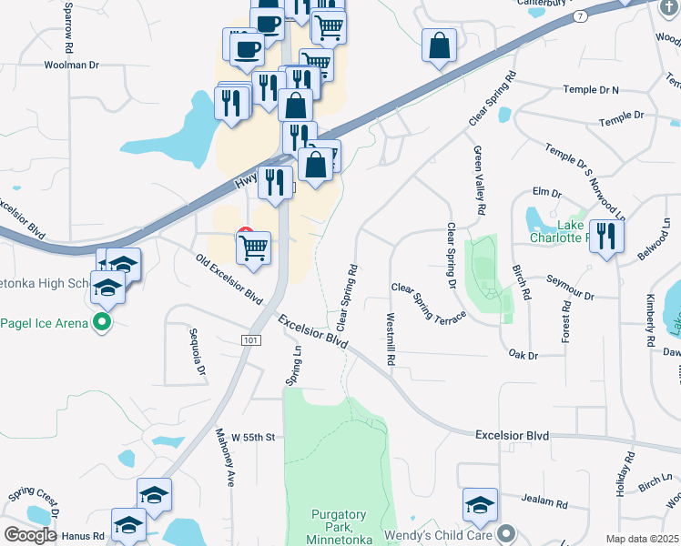 map of restaurants, bars, coffee shops, grocery stores, and more near 5130 Clear Spring Road in Minnetonka