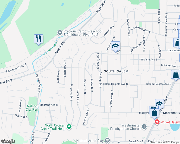 map of restaurants, bars, coffee shops, grocery stores, and more near 3235 Azalea Drive South in Salem