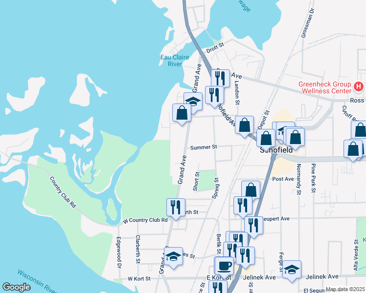 map of restaurants, bars, coffee shops, grocery stores, and more near 1500 Grand Avenue in Schofield