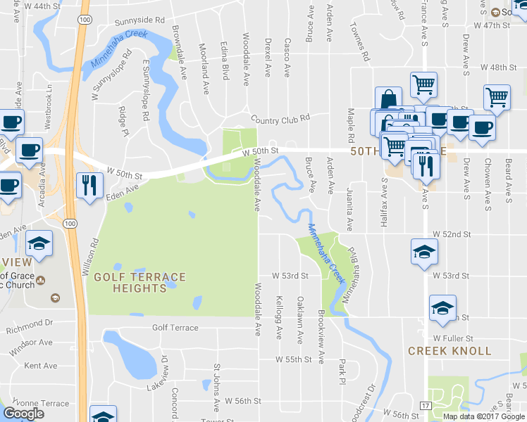 map of restaurants, bars, coffee shops, grocery stores, and more near 5115 Wooddale Glen in Minneapolis