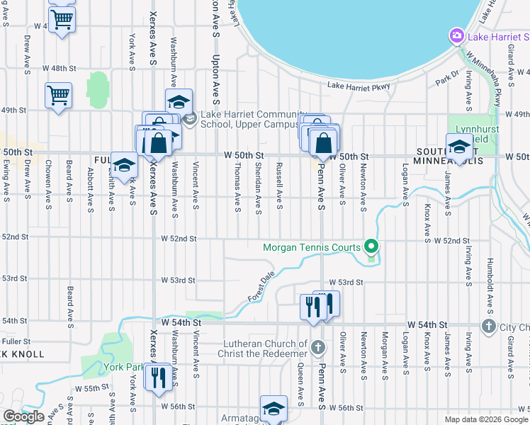 map of restaurants, bars, coffee shops, grocery stores, and more near 5119 Sheridan Avenue South in Minneapolis