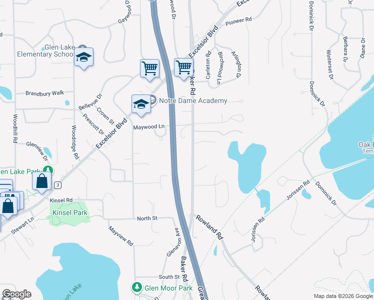 map of restaurants, bars, coffee shops, grocery stores, and more near 5124 Baker Road in Hopkins