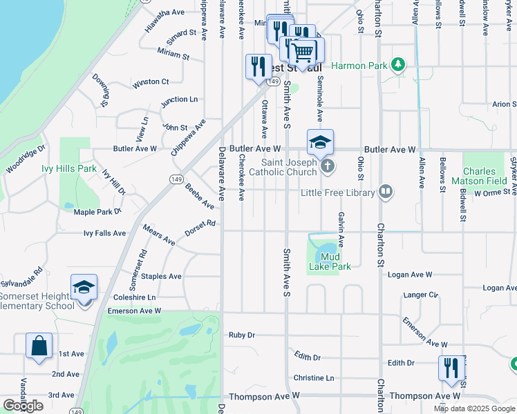 map of restaurants, bars, coffee shops, grocery stores, and more near 1201 Ottawa Avenue in West Saint Paul