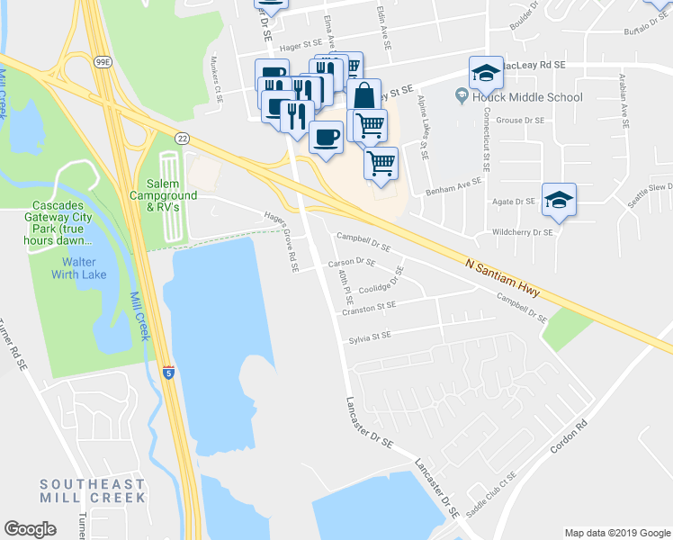 map of restaurants, bars, coffee shops, grocery stores, and more near 4010 Carson Drive Southeast in Salem