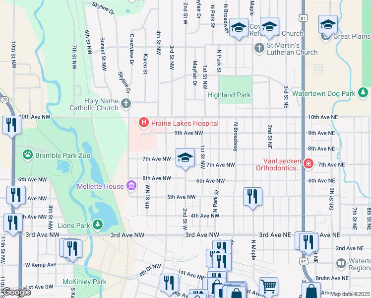 map of restaurants, bars, coffee shops, grocery stores, and more near 199 8th Ave NW in Watertown