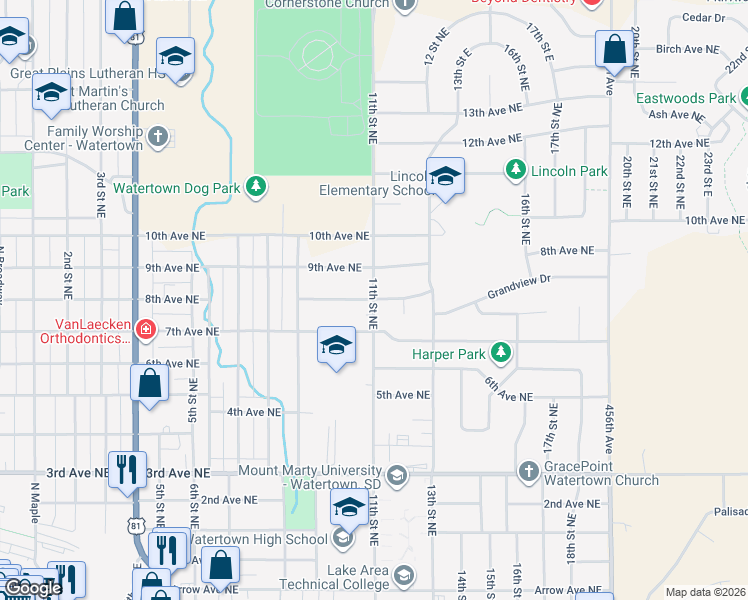 map of restaurants, bars, coffee shops, grocery stores, and more near 1101 8th Avenue Northeast in Watertown