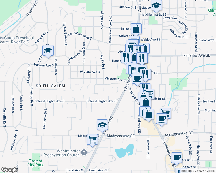 map of restaurants, bars, coffee shops, grocery stores, and more near 360 King Street South in Salem
