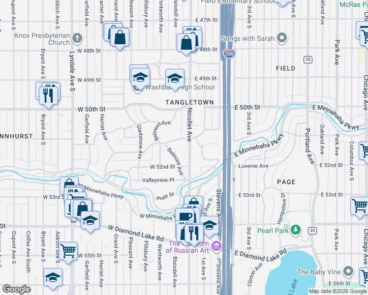 map of restaurants, bars, coffee shops, grocery stores, and more near 17 West Elmwood Place in Minneapolis
