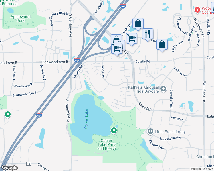 map of restaurants, bars, coffee shops, grocery stores, and more near 6213 Tahoe Place in Saint Paul
