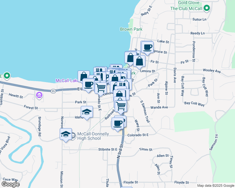 map of restaurants, bars, coffee shops, grocery stores, and more near 300 Lenora Street in McCall