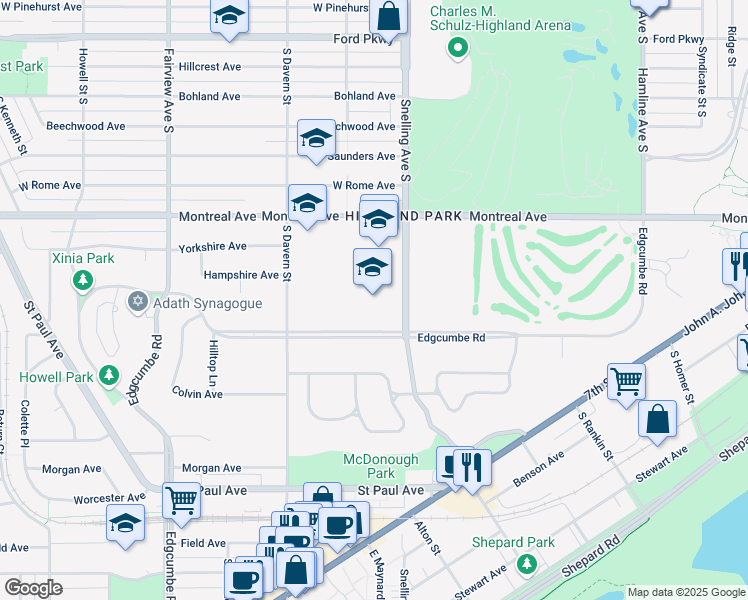 map of restaurants, bars, coffee shops, grocery stores, and more near 1015 Snelling Avenue South in Saint Paul