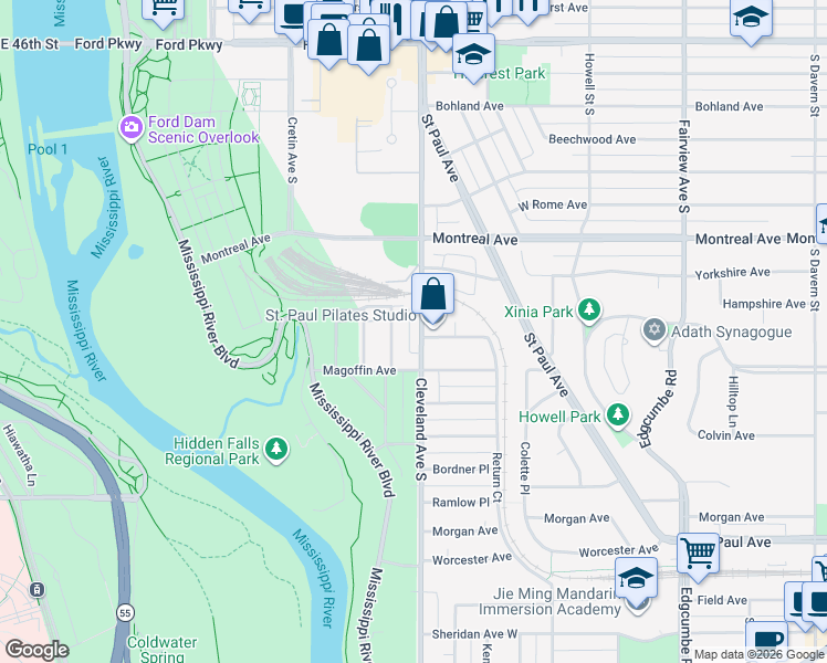 map of restaurants, bars, coffee shops, grocery stores, and more near 1045 Cleveland Ave S in St Paul