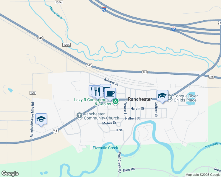 map of restaurants, bars, coffee shops, grocery stores, and more near 637 Betty Street in Ranchester