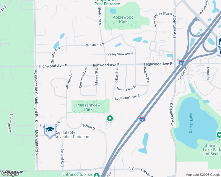 map of restaurants, bars, coffee shops, grocery stores, and more near 1043 O'Day Street South in Maplewood