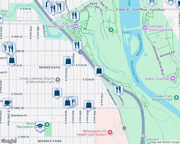 map of restaurants, bars, coffee shops, grocery stores, and more near 5123 45th Avenue South in Minneapolis