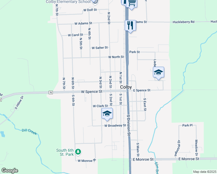 map of restaurants, bars, coffee shops, grocery stores, and more near 103 North 2nd Street in Colby