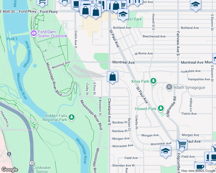 map of restaurants, bars, coffee shops, grocery stores, and more near 1045 Cleveland Avenue South in Saint Paul