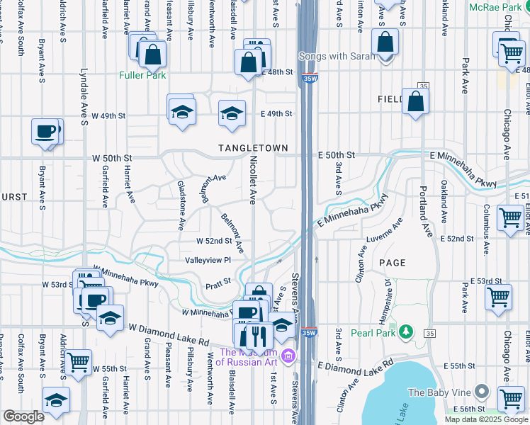 map of restaurants, bars, coffee shops, grocery stores, and more near 10 Luverne Avenue in Minneapolis