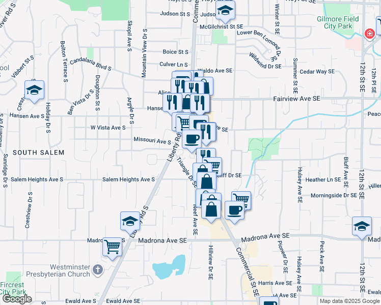 map of restaurants, bars, coffee shops, grocery stores, and more near 3165 Commercial Street Southeast in Salem