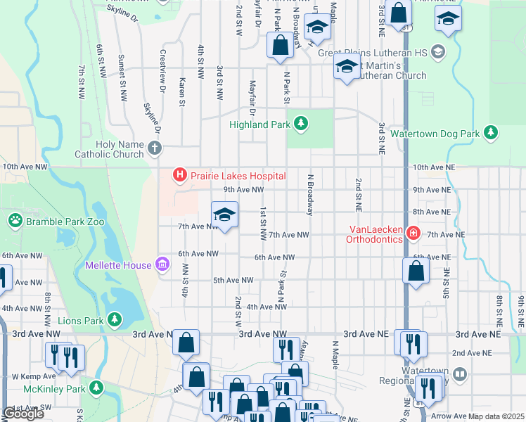 map of restaurants, bars, coffee shops, grocery stores, and more near 802 1st Street Northwest in Watertown