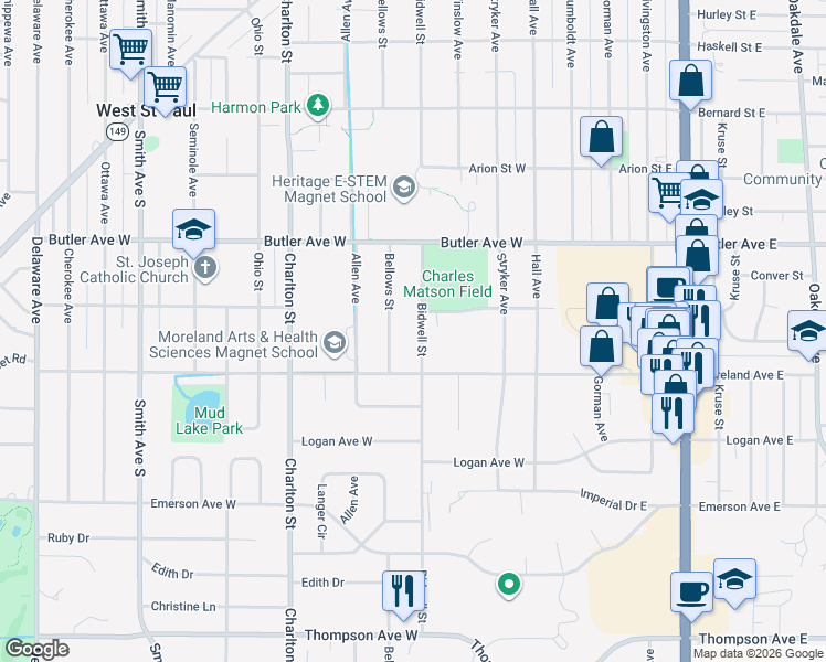 map of restaurants, bars, coffee shops, grocery stores, and more near 1201 Bidwell Street in Saint Paul