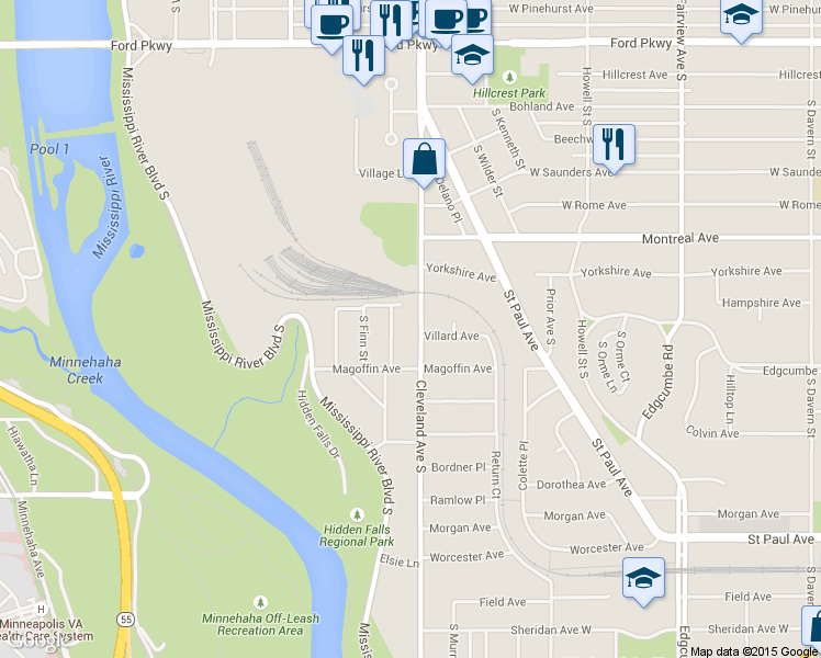 map of restaurants, bars, coffee shops, grocery stores, and more near 1045 Cleveland Ave S in St Paul
