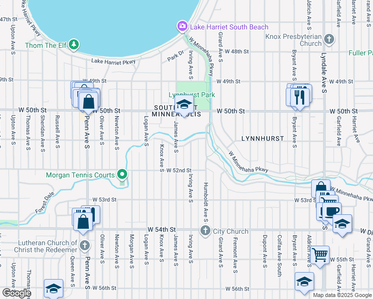 map of restaurants, bars, coffee shops, grocery stores, and more near 5112 Irving Avenue South in Minneapolis