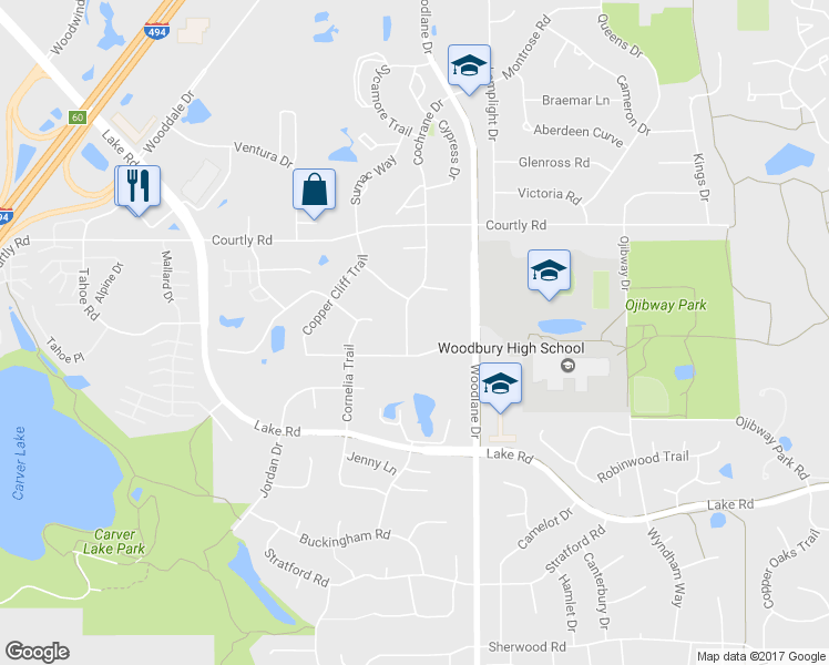 map of restaurants, bars, coffee shops, grocery stores, and more near 2567 Cochrane Drive in Woodbury