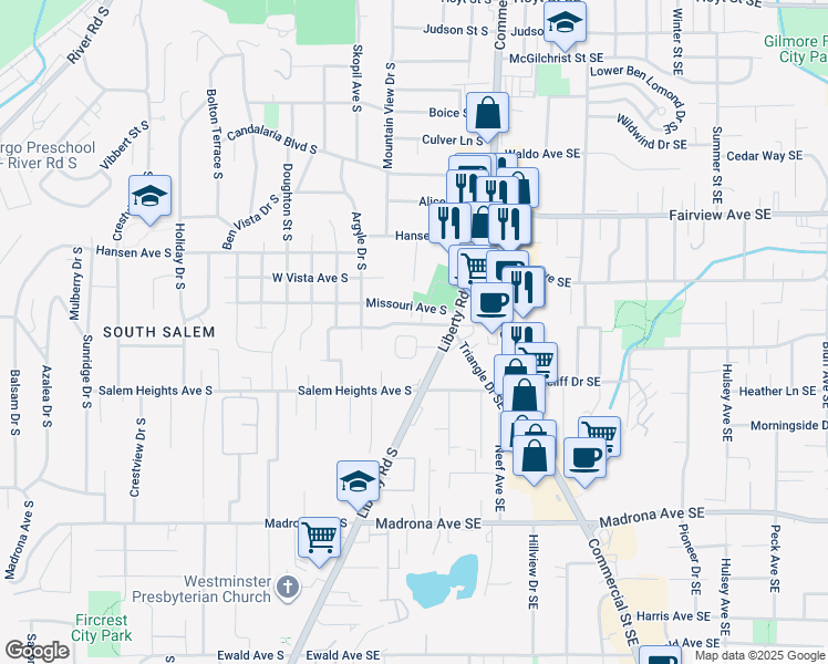map of restaurants, bars, coffee shops, grocery stores, and more near 245 South View Place South in Salem