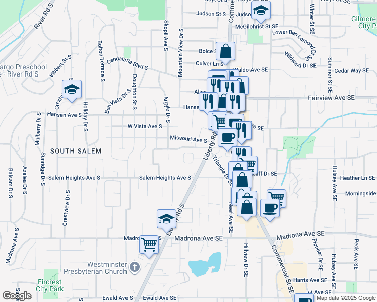 map of restaurants, bars, coffee shops, grocery stores, and more near 245 South View Place South in Salem