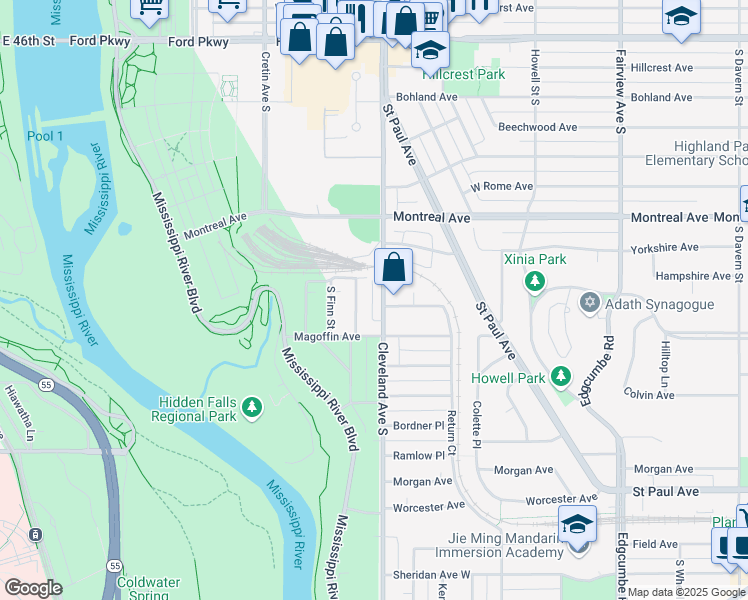 map of restaurants, bars, coffee shops, grocery stores, and more near 1045 Cleveland Avenue South in Saint Paul
