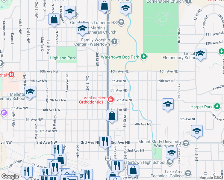map of restaurants, bars, coffee shops, grocery stores, and more near 422 8th Avenue Northeast in Watertown
