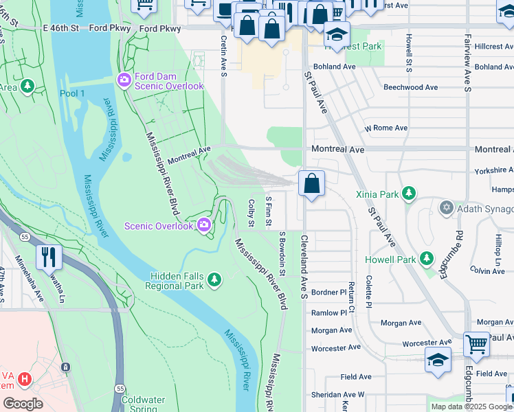 map of restaurants, bars, coffee shops, grocery stores, and more near 1038 Colby Street in Saint Paul