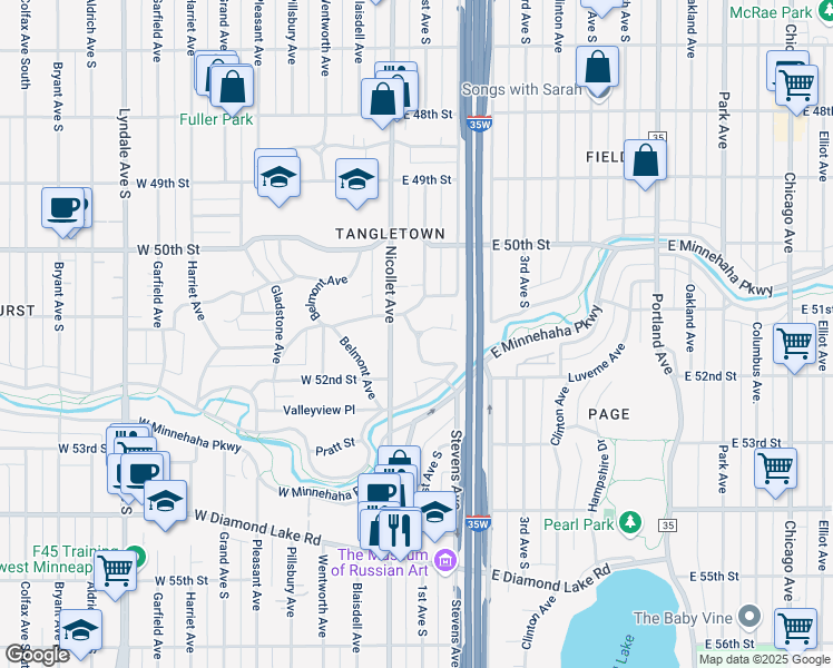 map of restaurants, bars, coffee shops, grocery stores, and more near 8 Luverne Avenue in Minneapolis