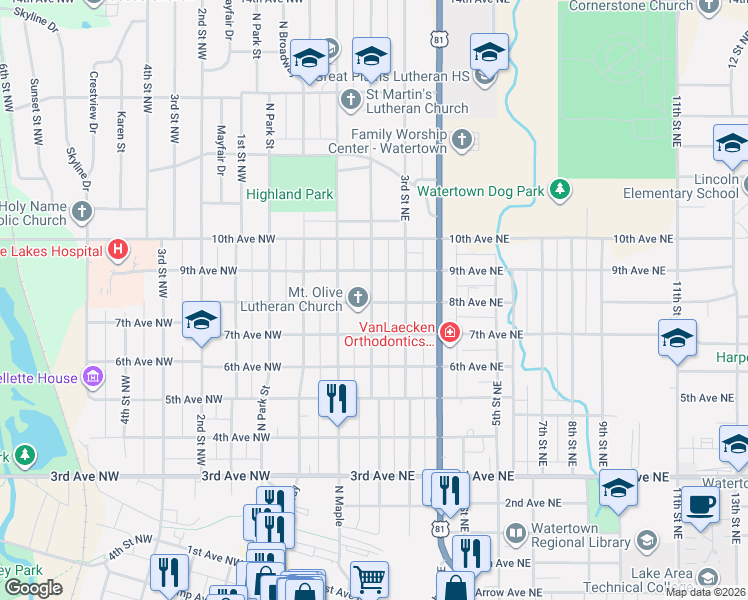 map of restaurants, bars, coffee shops, grocery stores, and more near 810 2nd Street Northeast in Watertown