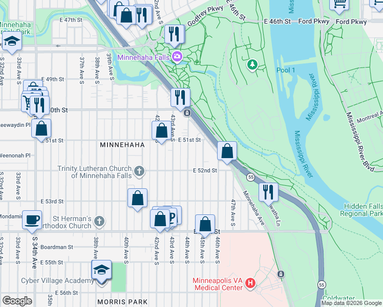 map of restaurants, bars, coffee shops, grocery stores, and more near 5121 44th Avenue South in Minneapolis