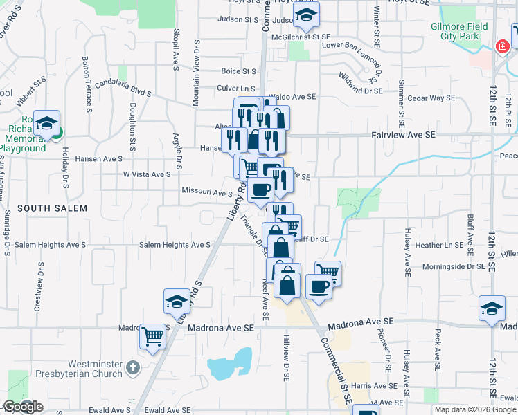 map of restaurants, bars, coffee shops, grocery stores, and more near 3165 Commercial St SE in Salem